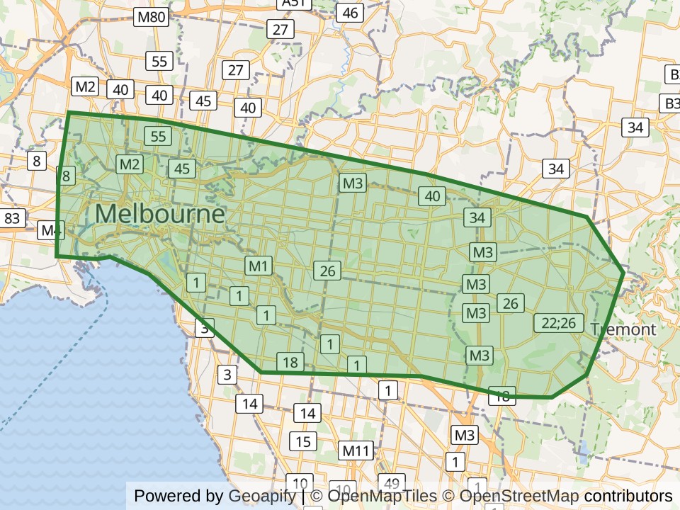 Map of the Melbourne, AUS scan area. Opens it on the coverage map