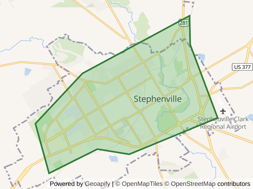 Map of the Stephenville, TX scan area. Opens it on the coverage map